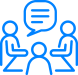 Icon-listen Blue outlined icons show three people seated around a table in a meeting, with a speech bubble indicating discussion.