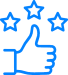 Icon-proud-darker-blue Blue outline thumbs-up icon with three stars, signaling high rating or approval.